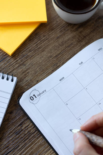 istock January first 2025 in a calendar notebook with sticky notes and coffee cup on wooden desk 2190993343