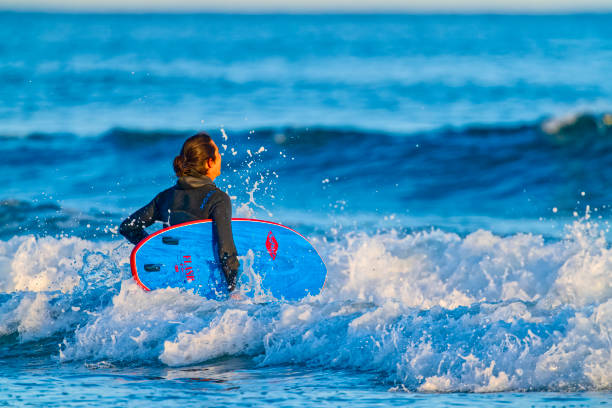 The Pacific Rim National Park in British Columbia on March 02, 2024: Young male surfer entering the ocean for a session at Pacific Rim National Park on Vancouver Island at sunset, British Columbia