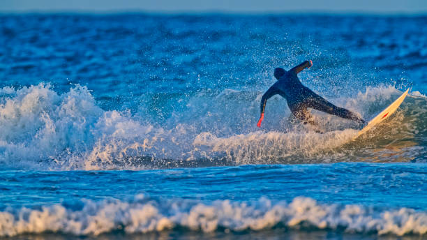 2 surfers walk with their boards, defocussed and in silhouette, against and early morning sky