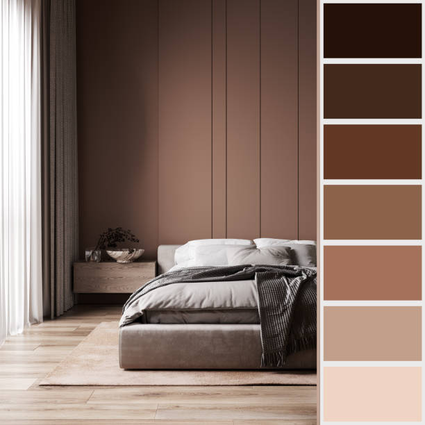 istock Mocha mousse stylish bedroom with brown color palette, 3d visualization 2191005784
