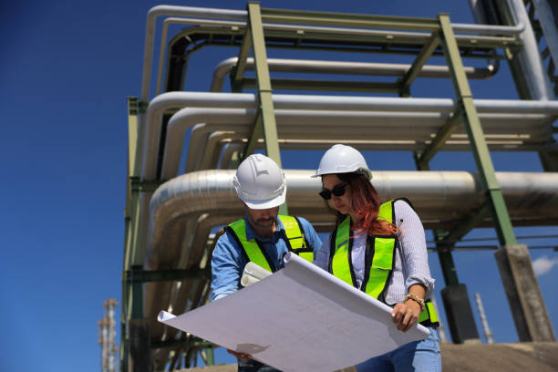 istock A dedicated team of project engineers diligently examines detailed blueprints as they inspect the vital pipeline system at the chemical plant, ensuring safety and efficiency in operation. 2191007636