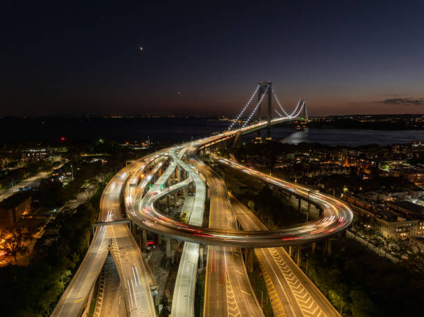 Aerial view of the Verrazzano Narrows Bridge in New York from Brooklyn in the evening.