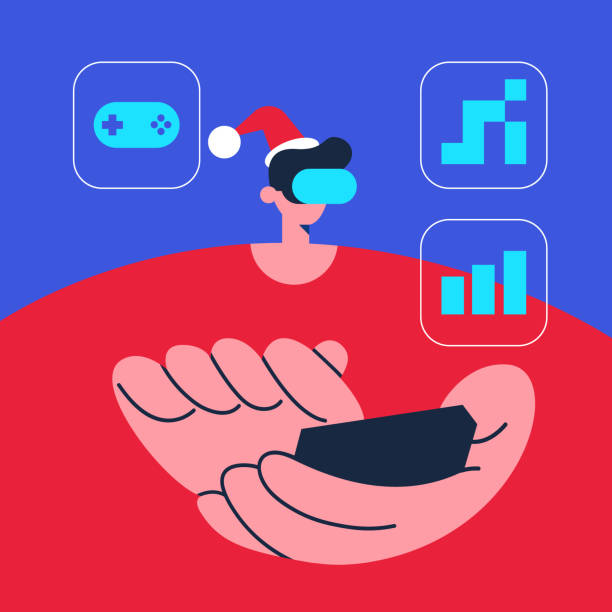 istock Santa gamer playing video games, wearing headset, holding controller in metaverse. 2191012197