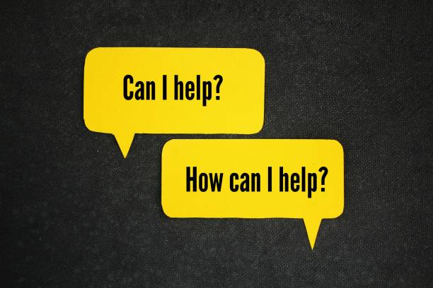 istock conversation column with the words Can I help? How can I help? Grammar explanation. Affirmative and Question 2191013793