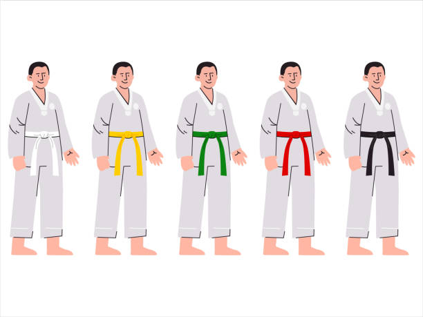 Karate Taekwondo Jiu-jitsu Aikido Judo martial arts suit uniform self-defense athlete waistband belt clothing Keikogi Dobok clothes sport wear colorful design icon set collection Karate Taekwondo Jiu-jitsu Aikido Judo martial arts suit uniform self-defense athlete waistband belt clothing Keikogi Dobok clothes sport wear colorful design icon set collection vector yellow belt stock illustrations