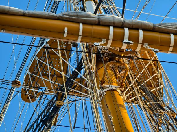 istock Ropes stretched across the masts of an old ship 2191021786