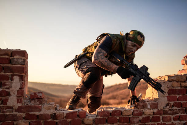 A man wearing a camouflage outfit and a gas mask on a white background, holding a rifle in his hand - 3D render