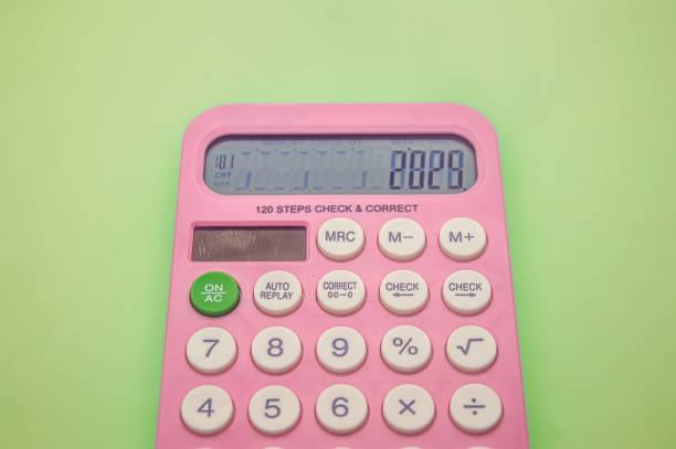 istock A pink calculator with a green ON or AC button on a light green background. The display shows the number 2025 and various function buttons are visible. Ideal for school or office use 2191028043