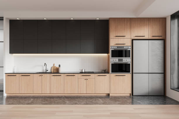 istock Modern kitchen interior with wooden cabinets and appliances. 3D Rendering 2191028076