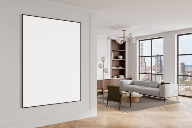 istock Home living room interior with sofa and armchairs, window. Mockup frame 2191028088