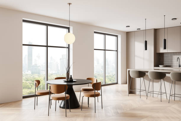 istock Modern kitchen and dining area with large windows and city view. 3D Rendering 2191028093