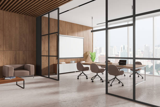 istock Wooden office room interior with board and projection screen, panoramic window 2191028101