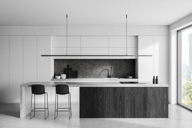 istock Modern minimalist kitchen with dark backsplash, white cabinetry, and large island countertop. 3D Rendering 2191028170