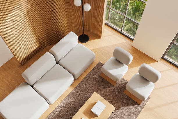 istock Top view of relax room interior with armchairs and couch, panoramic window 2191028225