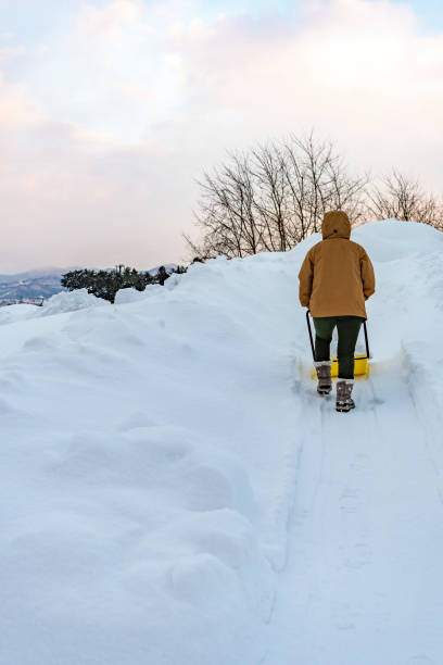 istock Young woman shoveling snow with a snow dump 2191028766