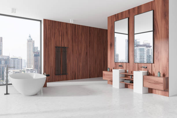 istock Modern bathroom with wooden accents and city view. 3D Rendering 2191031399