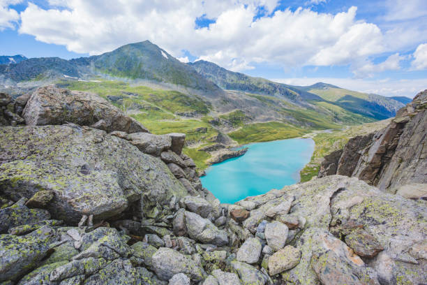 Akchan valley. Lower Akchan lake. Mountain Altai landscape