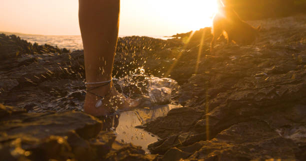 LENS FLARE: Water in beach puddle splashes when bare female foot steps into it. Woman is walking her dog in beautiful golden light of setting sun. Active summer holidays with dog at Croatian seaside.