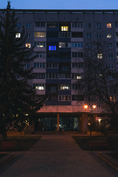 Panel, Soviet, multi-storey house in the evening in Minsk. High quality photo