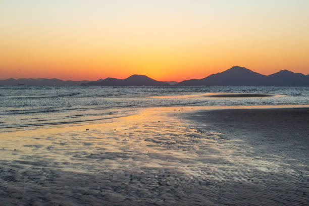 a view of the winter sea when the sun sets