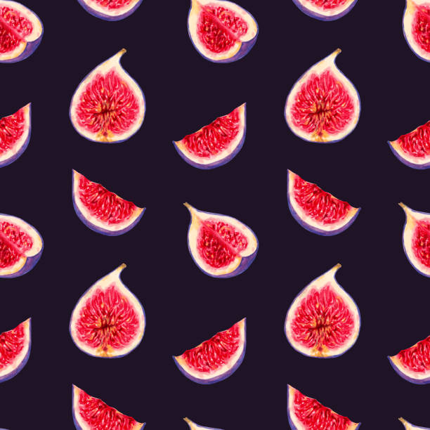 istock Seamless pattern of fig slices on purple background. Botanical illustration with watercolor and markers. Hand drawn isolated art. Tropical berry wallpaper. For packaging, fabric, wallpaper, apron 2191053871