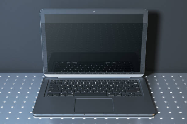 istock Open laptop with blank screen on dotted metallic surface, modern design and clean aesthetics, black keyboard and dark background. 3D Rendering 2191058802