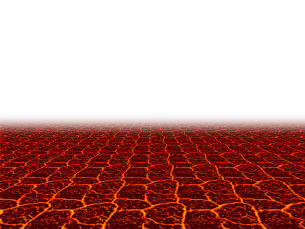 Field of black cracked rock plates on red hot lava flow surface with center horizon line perspective background illustration