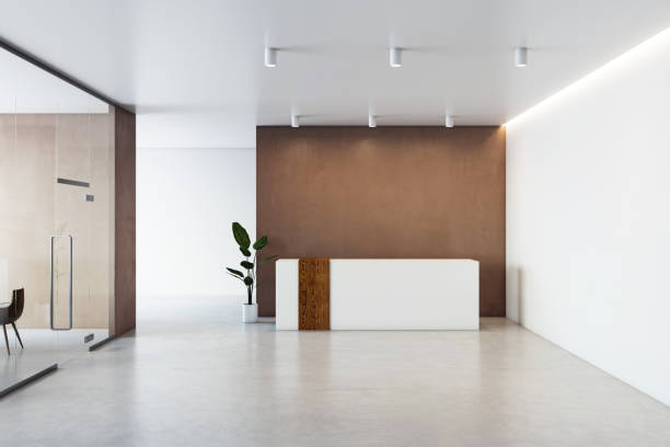 istock Modern office reception area with white desk and glass partition wall, minimalist interior design concept, nobody indoors. 3D Rendering 2191064466