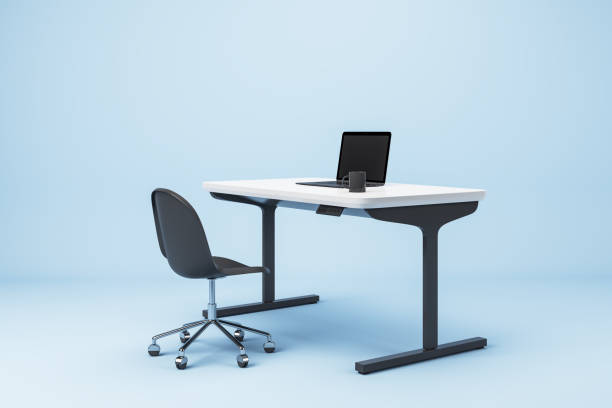 Modern workspace with desk, chair, laptop, and coffee cup on a clean white table against a light blue background. 3D Rendering