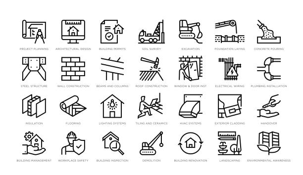 illustrations, cliparts, dessins animés et icônes de icônes des processus de construction - chantier de construction