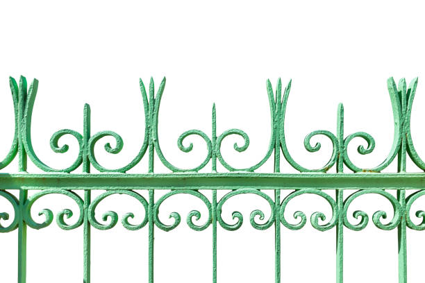 Wrought iron metal fence, isolated on white background
