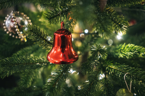 Close-up view of Christmas tree decorations