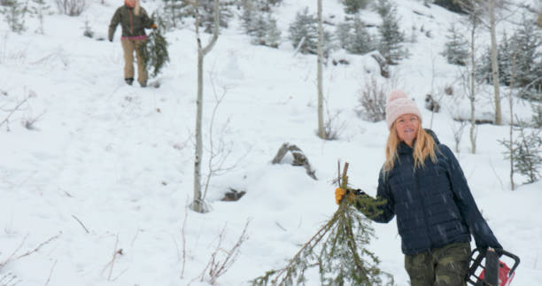 istock Mother and daughter carry Christmas tree boughs after chopping 2191072073