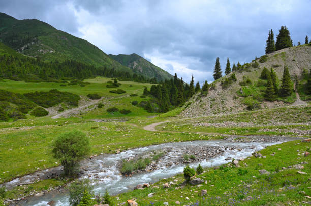 istock Mountains views of meadows and rivers on a summer cloudy day 2191074587