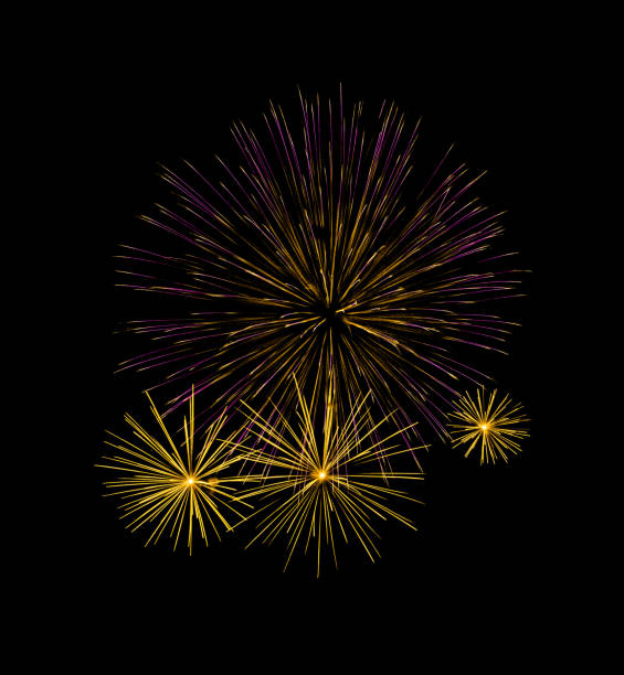 Festive pink and yellow fireworks display isolated on black background for celebration and anniversary
