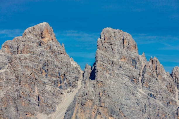 Monte Cristallo Dolomiti Alps mountain summit. Beautiful landscape of the Dolomites rocky peak and blue sky in summer