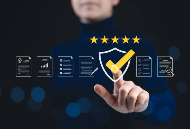 istock Quality Assurance and Certification Compliance Concept. Woman touching standard quality control certificate assurance guarantee for automation process. quality control management, Audit Documentation, 2191081900