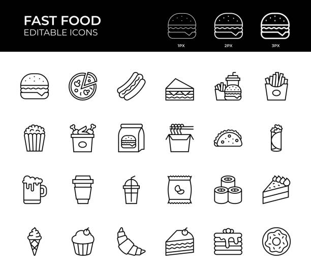 stockillustraties, clipart, cartoons en iconen met fast food line icons - patat