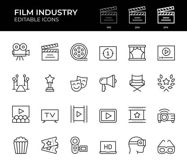 Editable Stroke. Pixel Perfect. Vector based Film Industry line icon set.