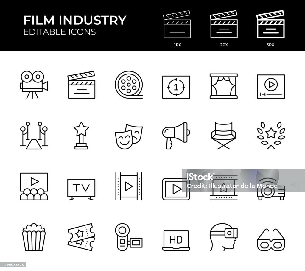 Film Industry Line Icons Editable Stroke. Pixel Perfect. Vector based Film Industry line icon set. Icon Symbol stock vector Film Industry Line Icons Editable Stroke. Pixel Perfect. Vector based Film Industry line icon set. Icon Symbol stock vector