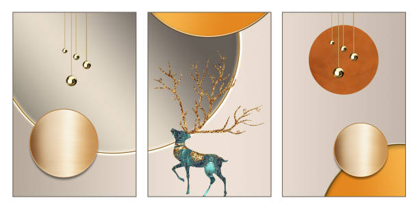 istock 3d art modern boho mural wall decor wallpaper with light background, golden trees, shapes and deer. For canvas wall artwork frame on bedroom and living room wall. 2191087076
