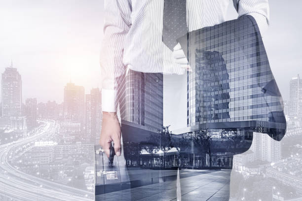 istock Business Technology, double exposure, construction engineer, business city Background 2191087729