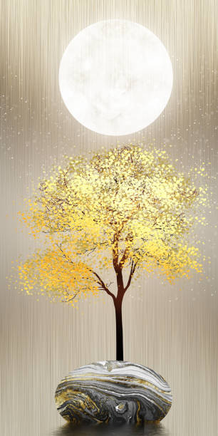 Vertical modern wall canvas artwork. golden lines and tree on a marble and black rock. white gold moon with a light background.