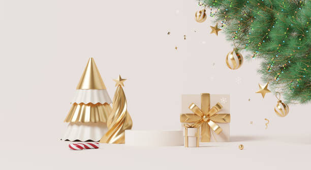 istock 3D render, Happy new year and Merry Christmas background with Podium stage decorated with golden tree, festive gifts and green branches. 2191090478