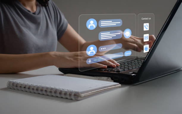 istock Contact us, Chatbot conversation assistant. Businesswoman using online client service with chatbot to get support. Artificial intelligence, CRM software technology, technical customer support center. 2191099371