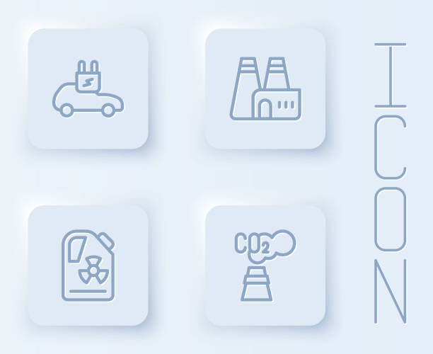 istock Set line Electric car, Factory production, Radioactive waste in barrel and CO2 emissions cloud. White square button. Vector 2191103690