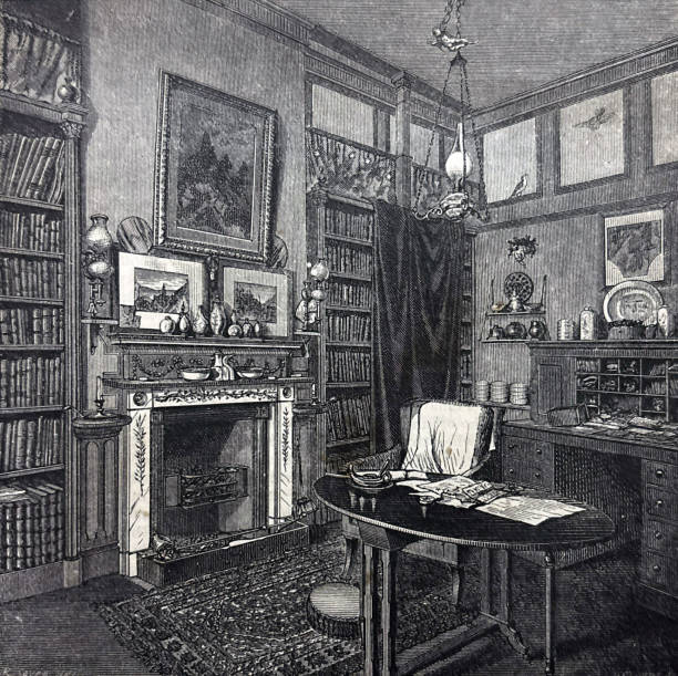 istock Antique illustration - library in house from 1800's - writing desk and fireplace 2191103697
