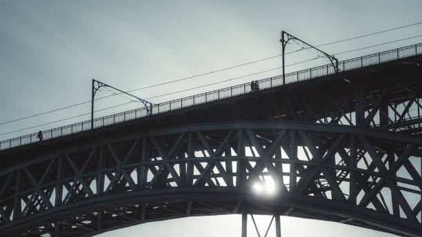 A steel bridge silhouetted against a soft sky, showcasing intricate metal framework, railings, and minimal pedestrian activity under subtle lighting