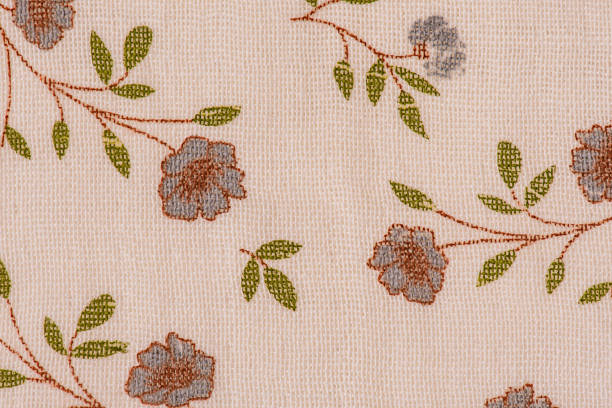 Texture of beige flower fabric. Cotton as a background.