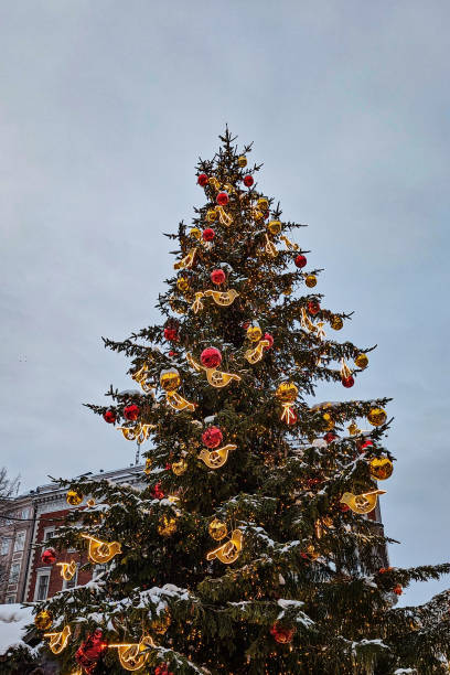 istock Tall Snow-Covered Christmas Tree with Gold and Red Ornaments 2191108067